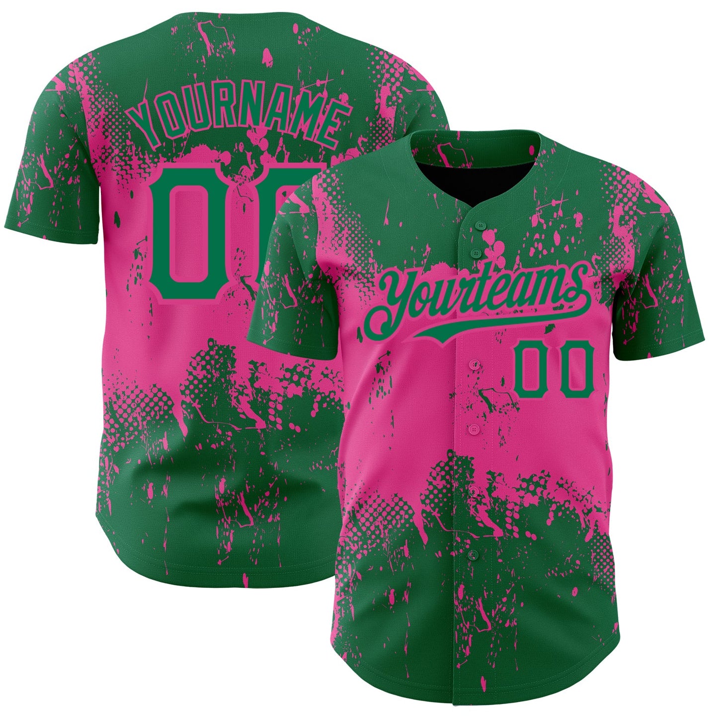 Custom Kelly Green Pink 3D Pattern Design Abstract Splatter Grunge Art Authentic Baseball Jersey - Main View