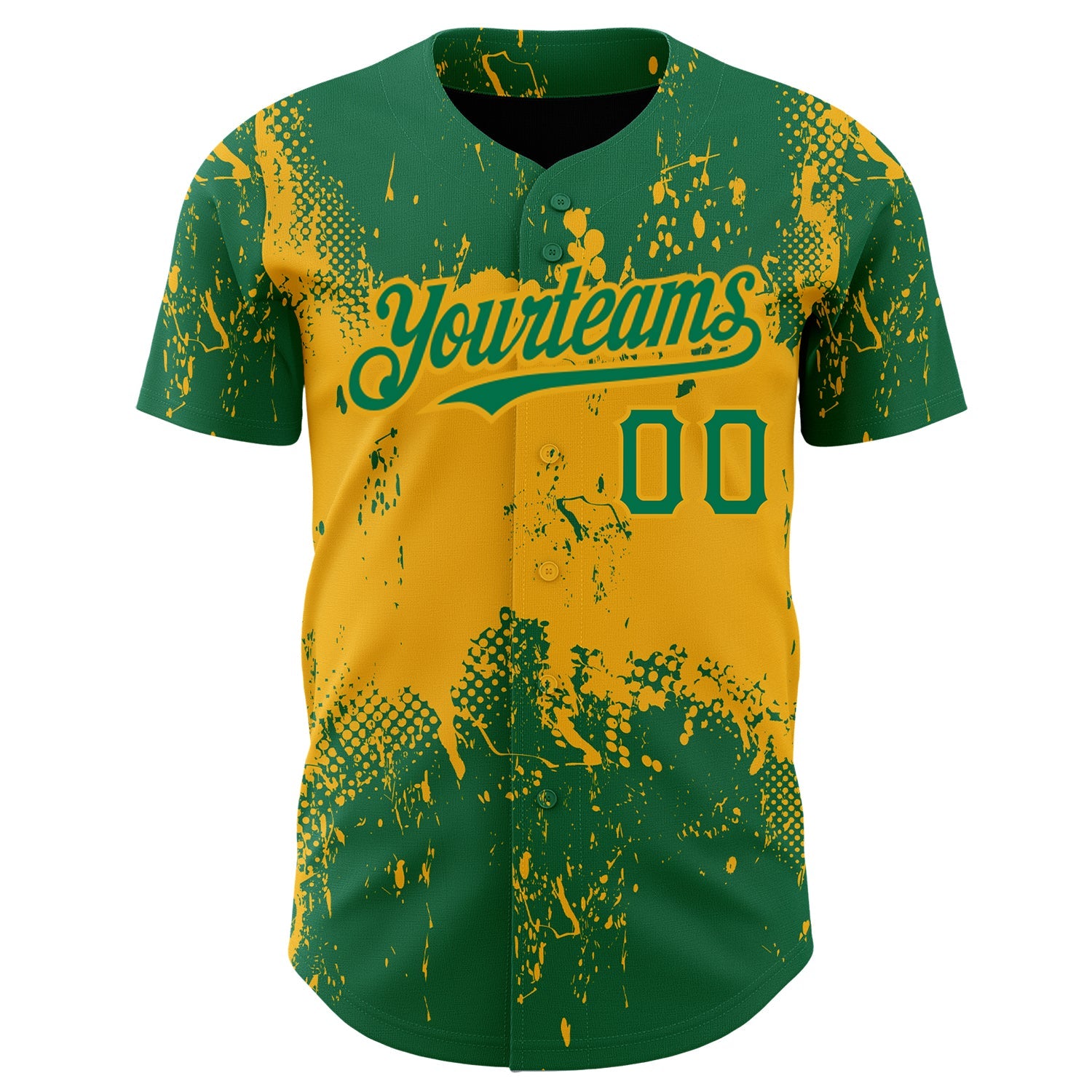 Custom Kelly Green Gold 3D Pattern Design Abstract Splatter Grunge Art Authentic Baseball Jersey view 2