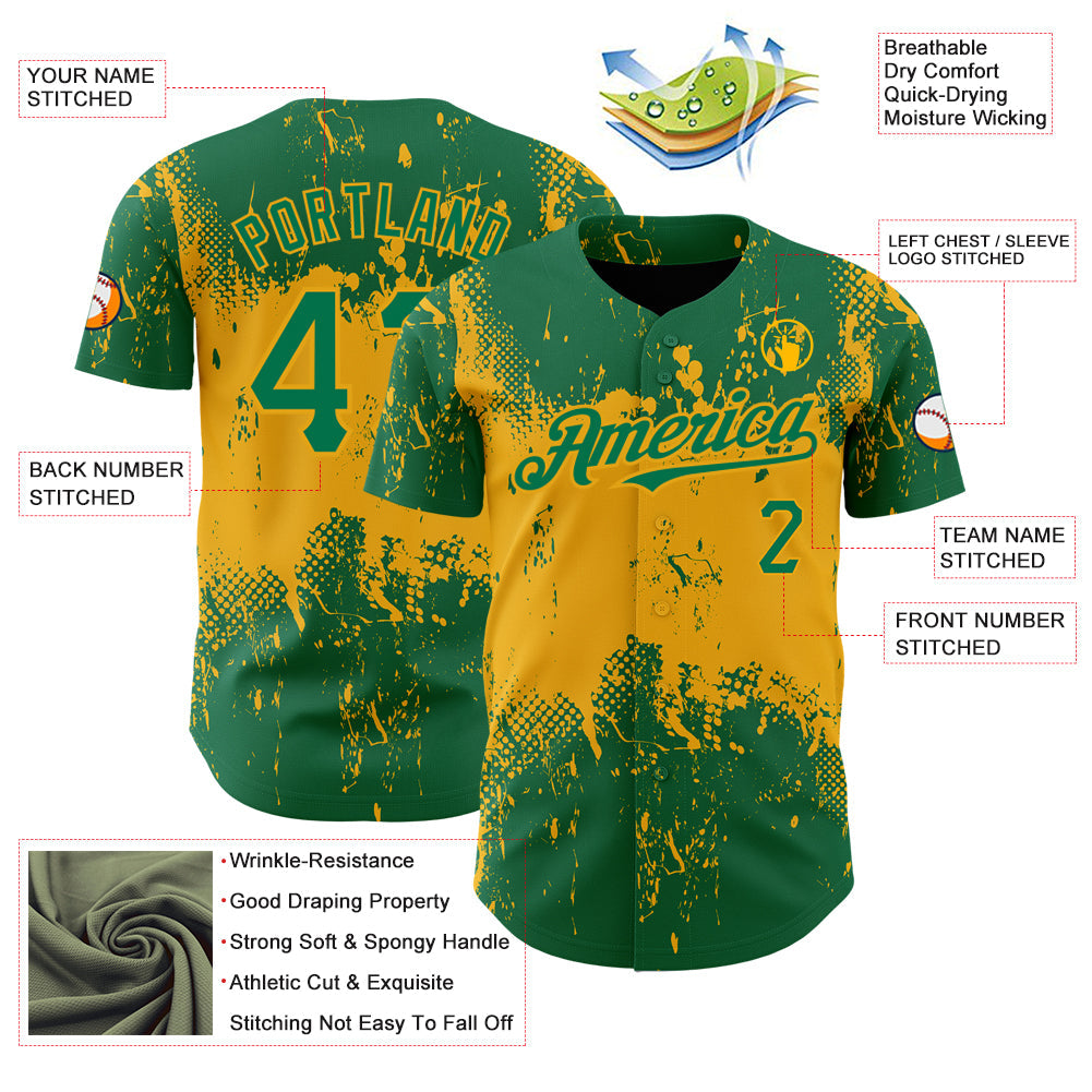 Custom Kelly Green Gold 3D Pattern Design Abstract Splatter Grunge Art Authentic Baseball Jersey view 3