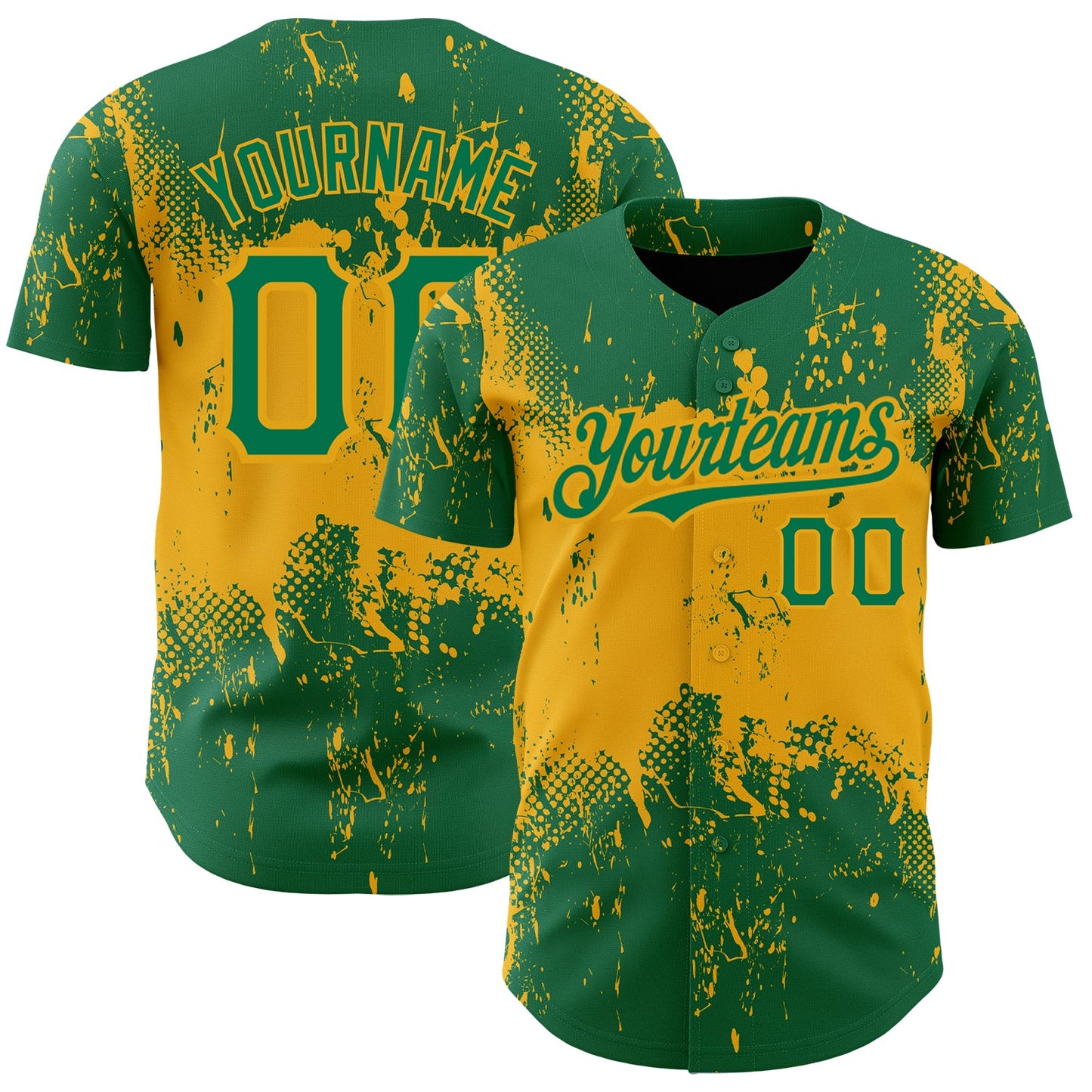 Custom Kelly Green Gold 3D Pattern Design Abstract Splatter Grunge Art Authentic Baseball Jersey - Main View