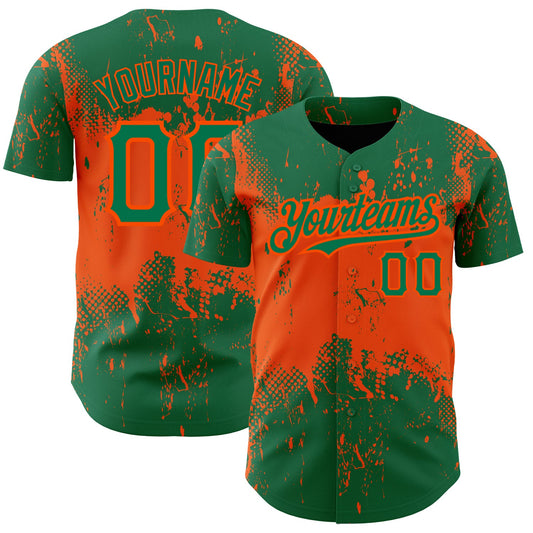Custom Kelly Green Orange 3D Pattern Design Abstract Splatter Grunge Art Authentic Baseball Jersey - Main View