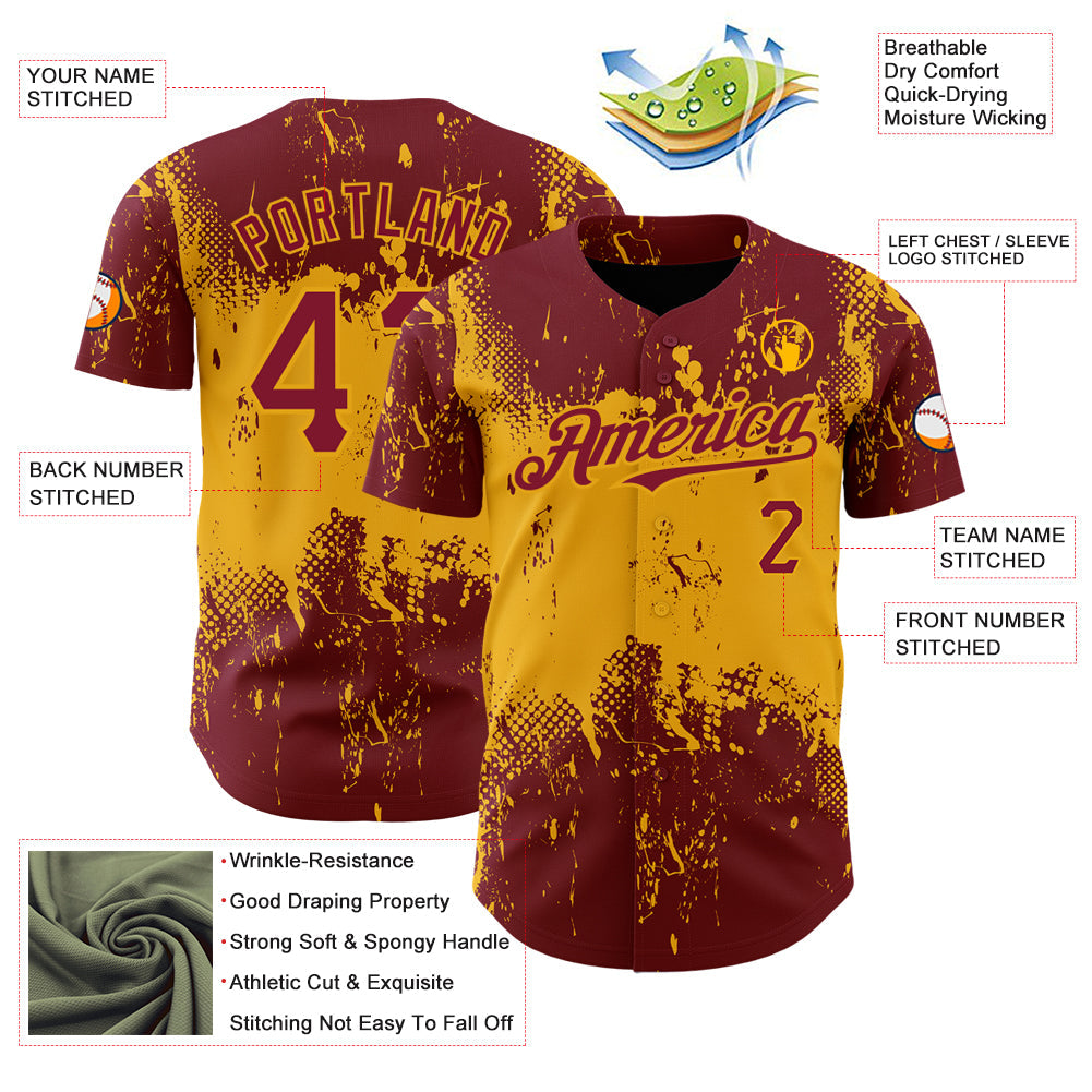 Custom Crimson Gold 3D Pattern Design Abstract Splatter Grunge Art Authentic Baseball Jersey view 3