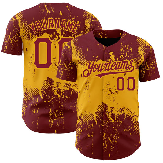 Custom Crimson Gold 3D Pattern Design Abstract Splatter Grunge Art Authentic Baseball Jersey - Main View