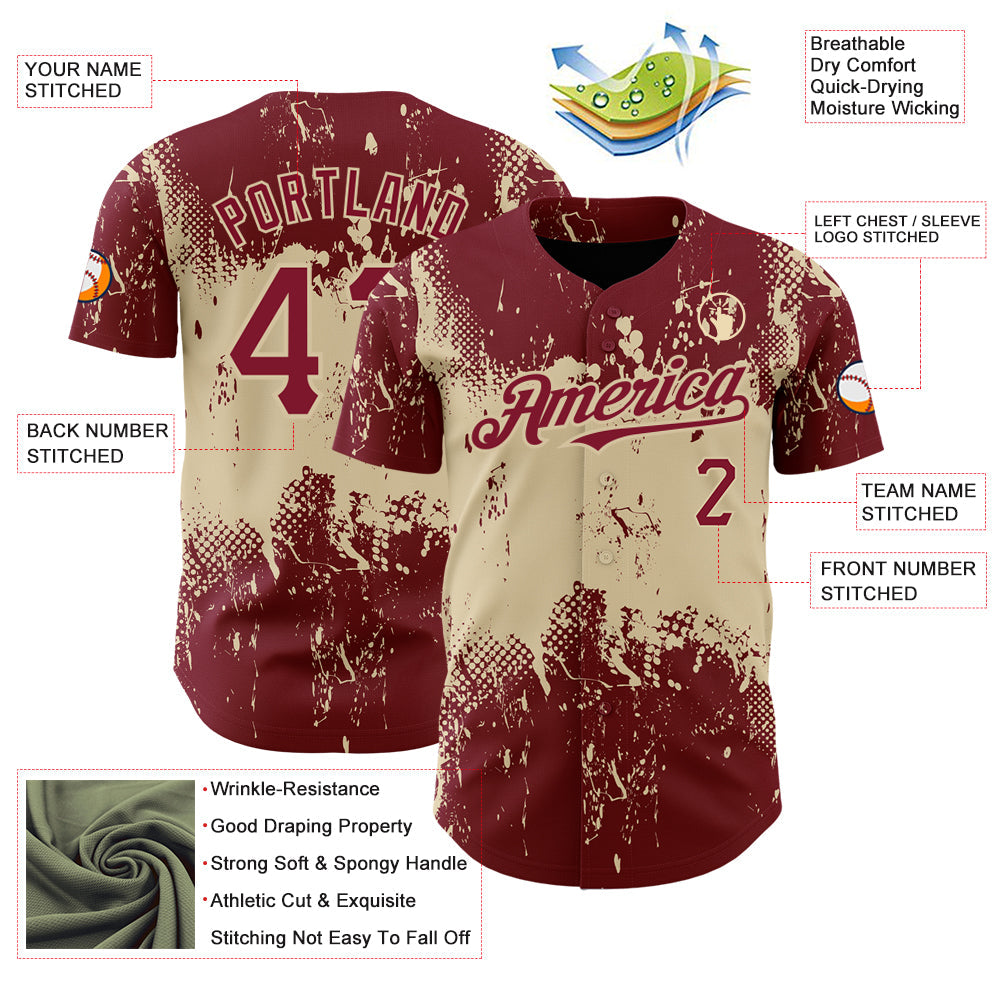 Custom Crimson City Cream 3D Pattern Design Abstract Splatter Grunge Art Authentic Baseball Jersey view 3