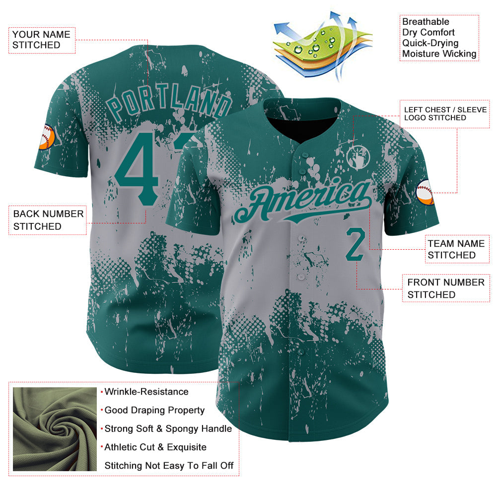 Custom Teal Gray 3D Pattern Design Abstract Splatter Grunge Art Authentic Baseball Jersey view 3