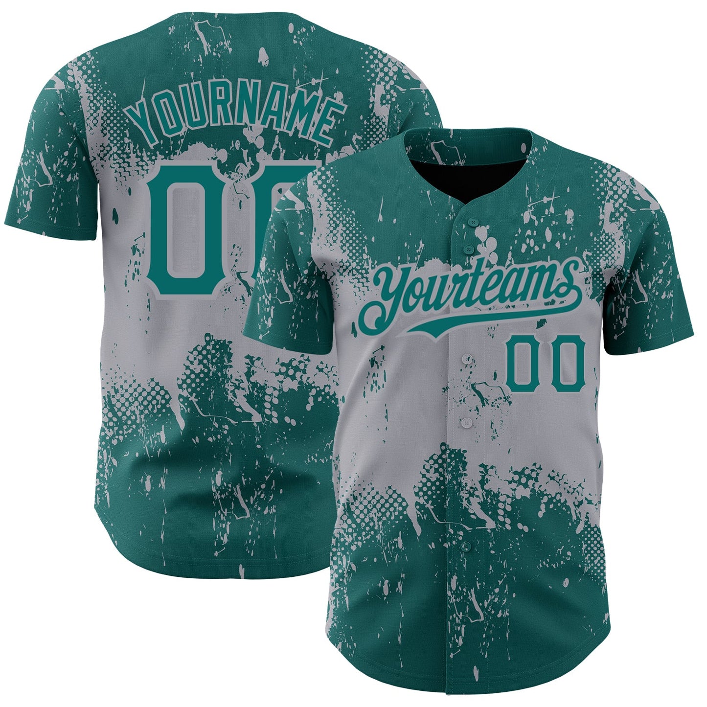 Custom Teal Gray 3D Pattern Design Abstract Splatter Grunge Art Authentic Baseball Jersey - Main View