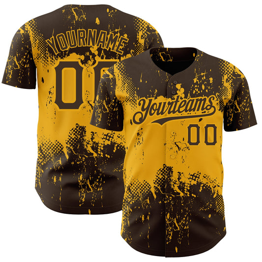 Custom Brown Gold 3D Pattern Design Abstract Splatter Grunge Art Authentic Baseball Jersey - Main View