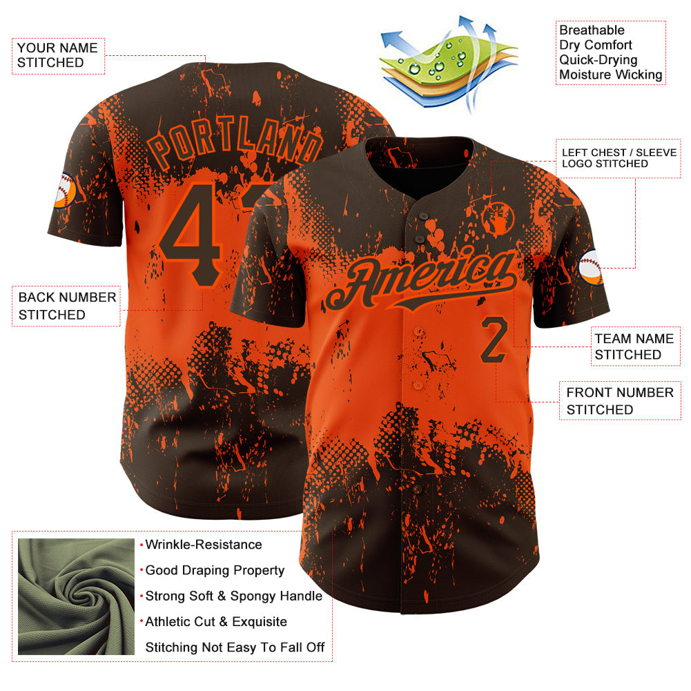 Custom Brown Orange 3D Pattern Design Abstract Splatter Grunge Art Authentic Baseball Jersey view 3