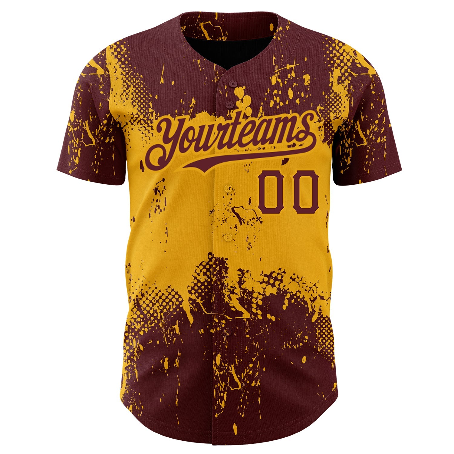 Custom Burgundy Gold 3D Pattern Design Abstract Splatter Grunge Art Authentic Baseball Jersey view 2