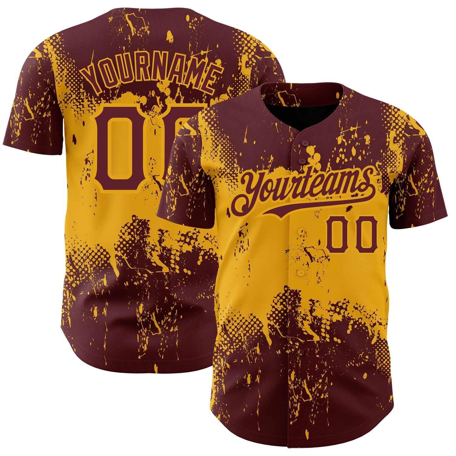 Custom Burgundy Gold 3D Pattern Design Abstract Splatter Grunge Art Authentic Baseball Jersey - Main View