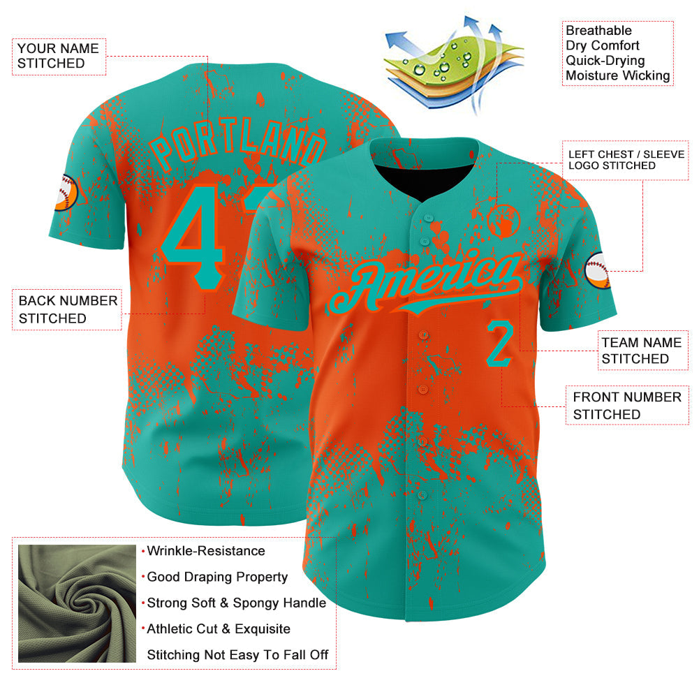 Custom Aqua Orange 3D Pattern Design Abstract Splatter Grunge Art Authentic Baseball Jersey view 3
