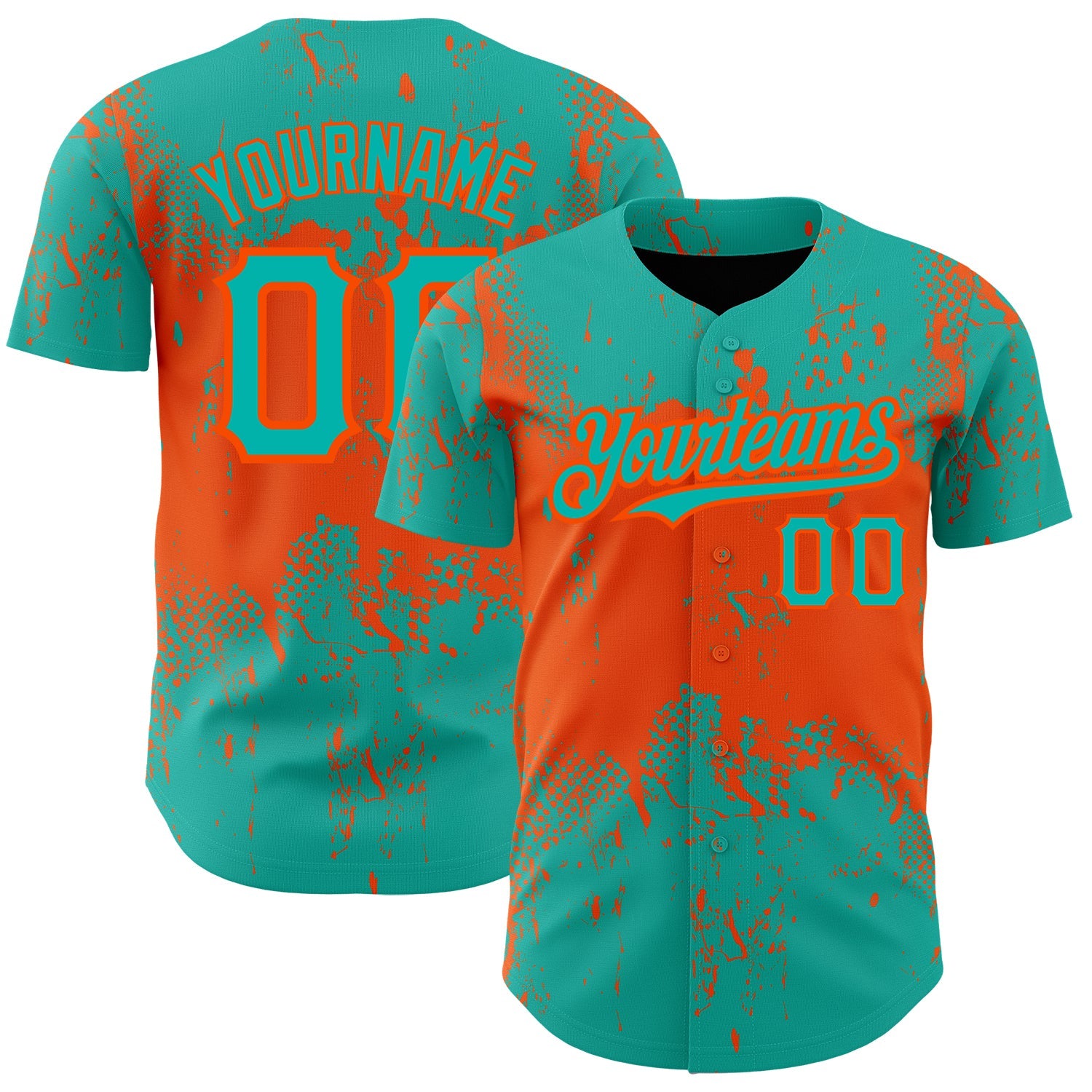 Custom Aqua Orange 3D Pattern Design Abstract Splatter Grunge Art Authentic Baseball Jersey - Main View