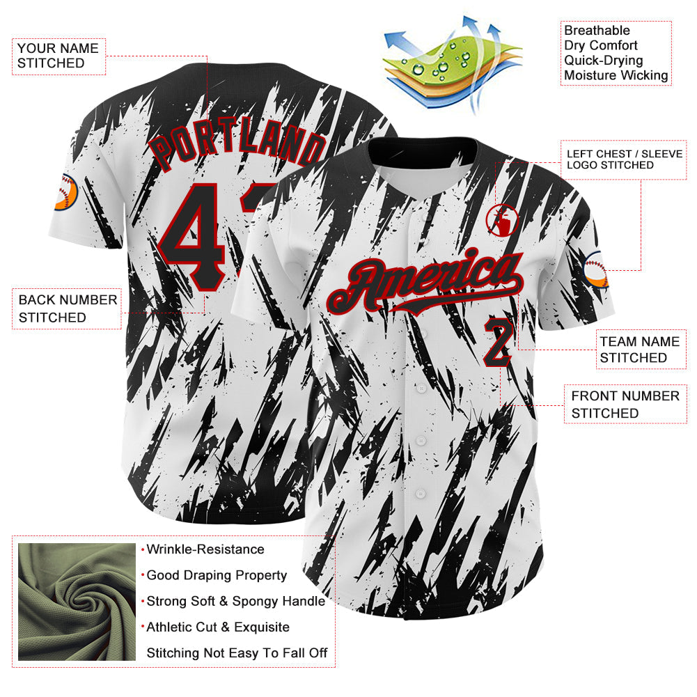 Custom White Black-Red 3D Pattern Design Abstract Sharp Shape Authentic Baseball Jersey view 3