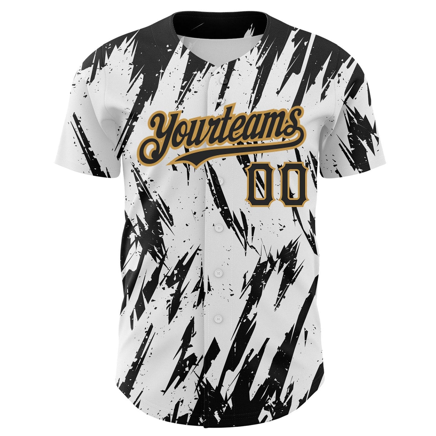 Custom White Black-Old Gold 3D Pattern Design Abstract Sharp Shape Authentic Baseball Jersey view 2