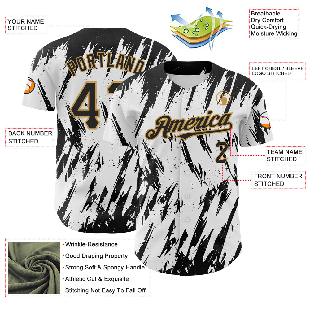 Custom White Black-Old Gold 3D Pattern Design Abstract Sharp Shape Authentic Baseball Jersey view 3
