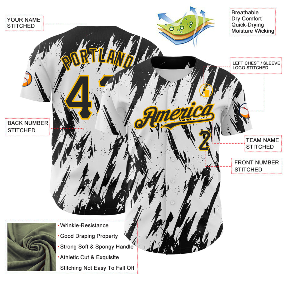 Custom White Black-Gold 3D Pattern Design Abstract Sharp Shape Authentic Baseball Jersey view 3