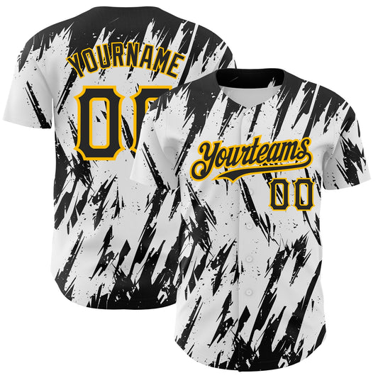 Custom White Black-Gold 3D Pattern Design Abstract Sharp Shape Authentic Baseball Jersey - Main View