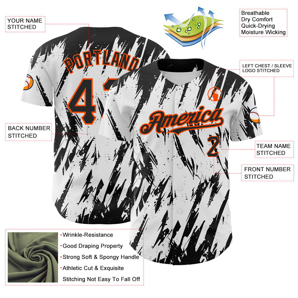 Custom White Black-Orange 3D Pattern Design Abstract Sharp Shape Authentic Baseball Jersey view 3