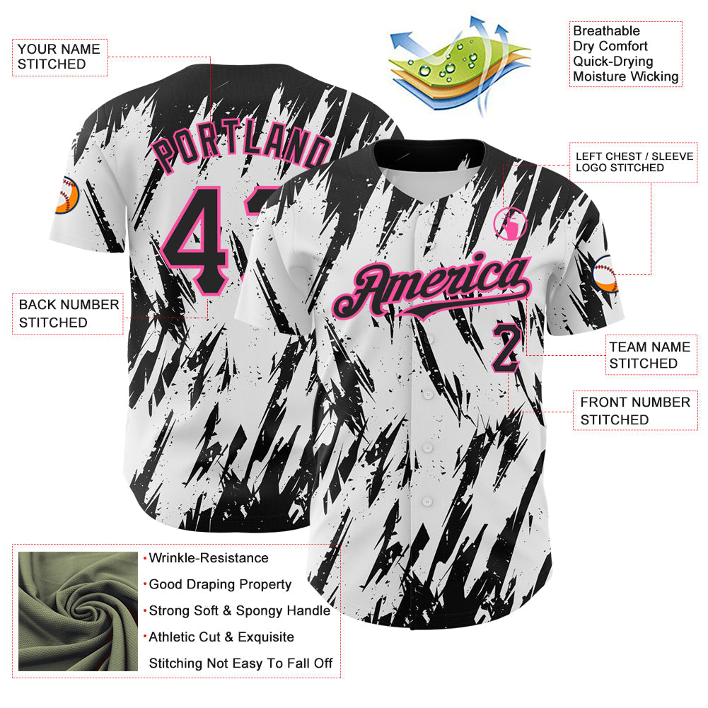 Custom White Black-Pink 3D Pattern Design Abstract Sharp Shape Authentic Baseball Jersey view 3