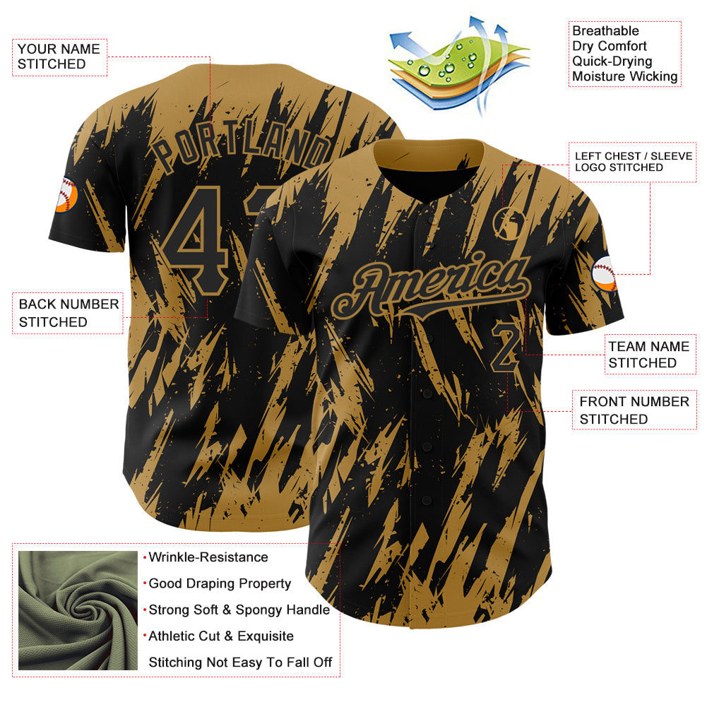 Custom Black Old Gold 3D Pattern Design Abstract Sharp Shape Authentic Baseball Jersey view 3