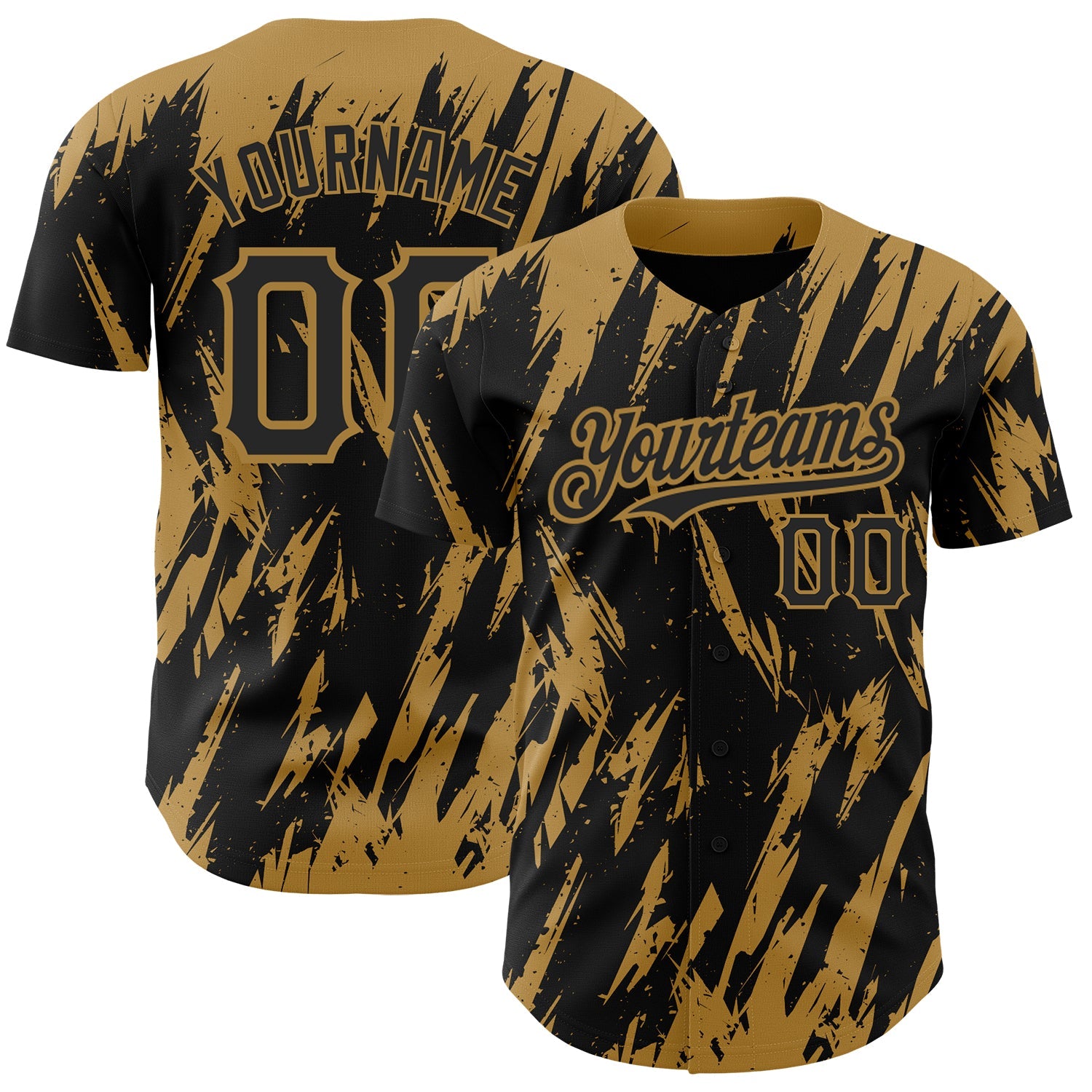 Custom Black Old Gold 3D Pattern Design Abstract Sharp Shape Authentic Baseball Jersey - Main View