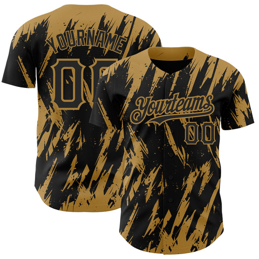 Custom Black Old Gold 3D Pattern Design Abstract Sharp Shape Authentic Baseball Jersey - Main View