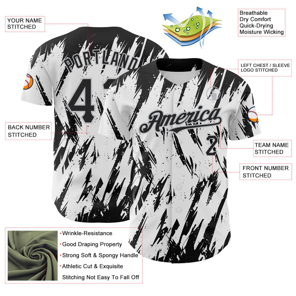 Custom White Black-Gray 3D Pattern Design Abstract Sharp Shape Authentic Baseball Jersey view 3