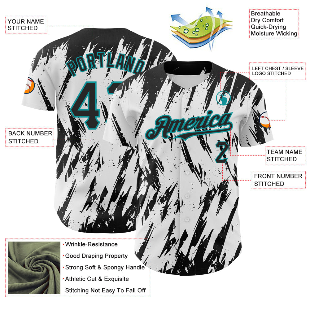 Custom White Black-Teal 3D Pattern Design Abstract Sharp Shape Authentic Baseball Jersey view 3