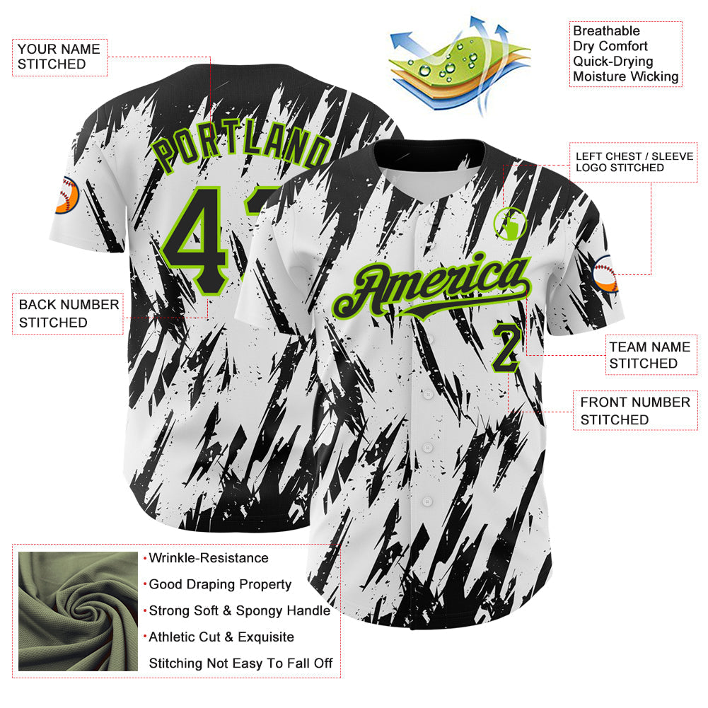 Custom White Black-Neon Green 3D Pattern Design Abstract Sharp Shape Authentic Baseball Jersey view 3