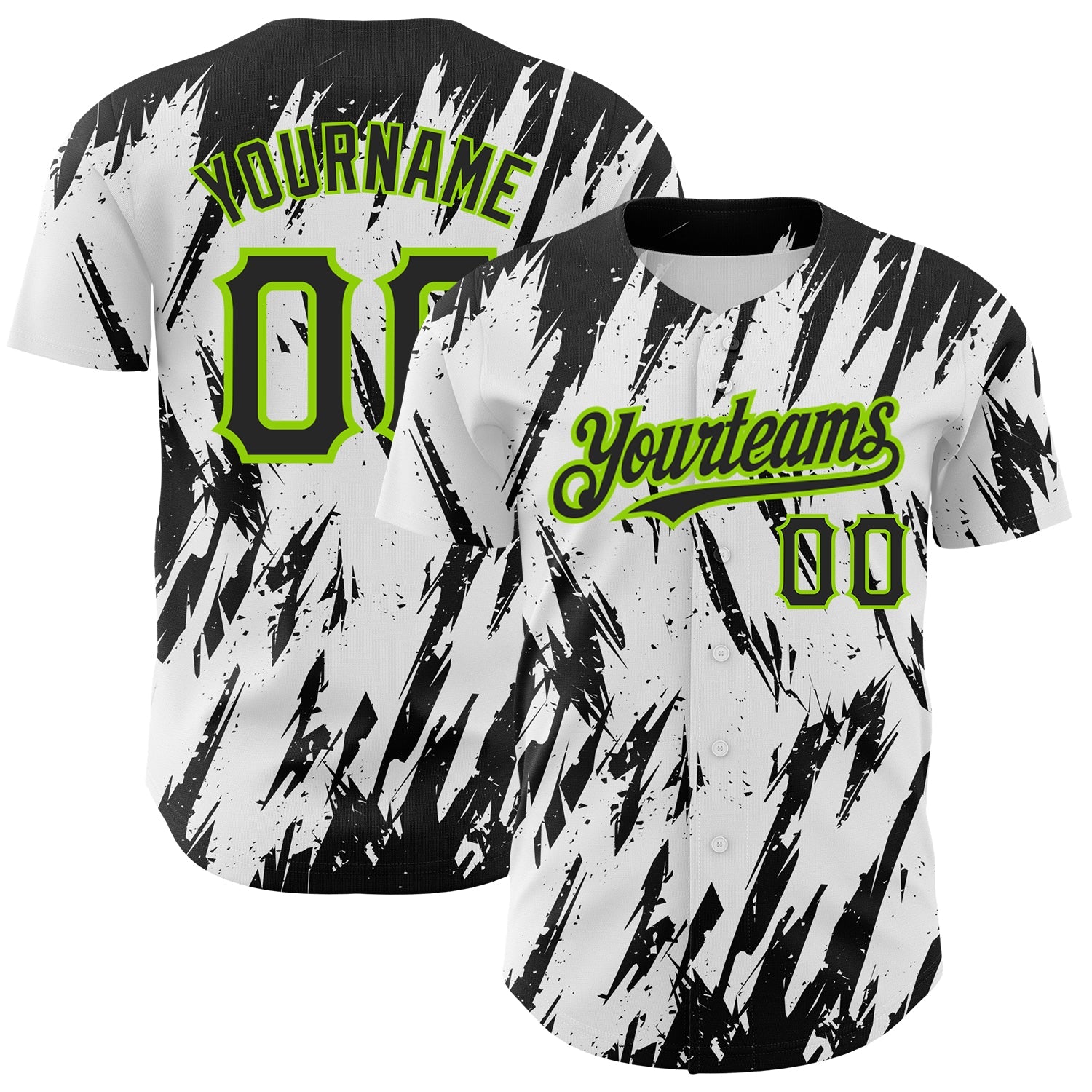 Custom White Black-Neon Green 3D Pattern Design Abstract Sharp Shape Authentic Baseball Jersey - Main View