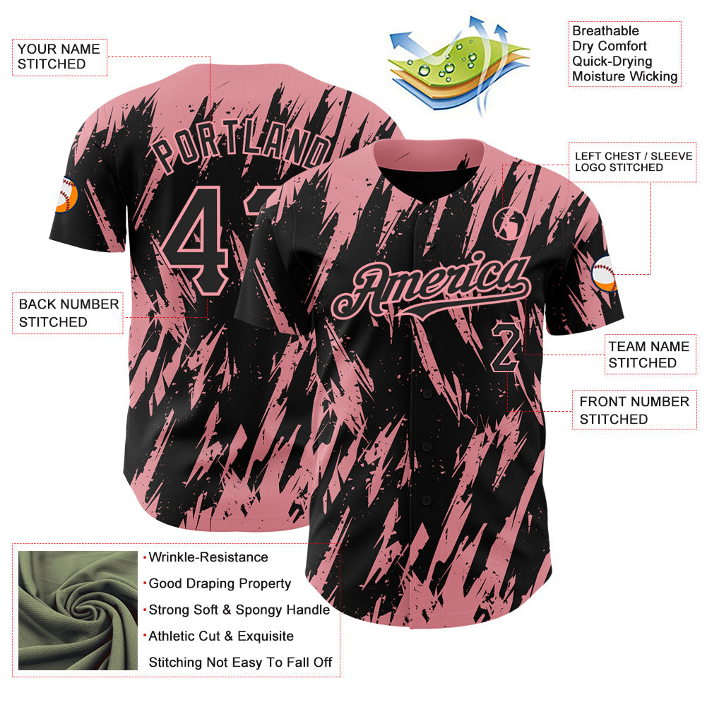 Custom Black Medium Pink 3D Pattern Design Abstract Sharp Shape Authentic Baseball Jersey view 3