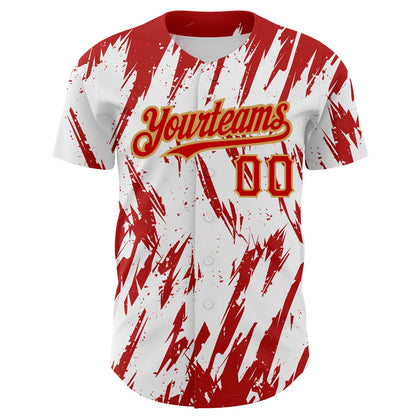Custom White Red-Old Gold 3D Pattern Design Abstract Sharp Shape Authentic Baseball Jersey view 2