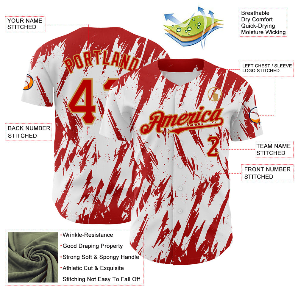 Custom White Red-Old Gold 3D Pattern Design Abstract Sharp Shape Authentic Baseball Jersey view 3