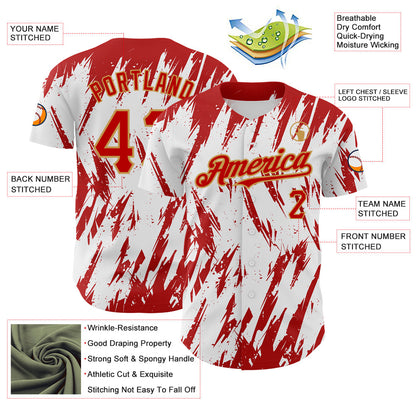 Custom White Red-Old Gold 3D Pattern Design Abstract Sharp Shape Authentic Baseball Jersey view 3