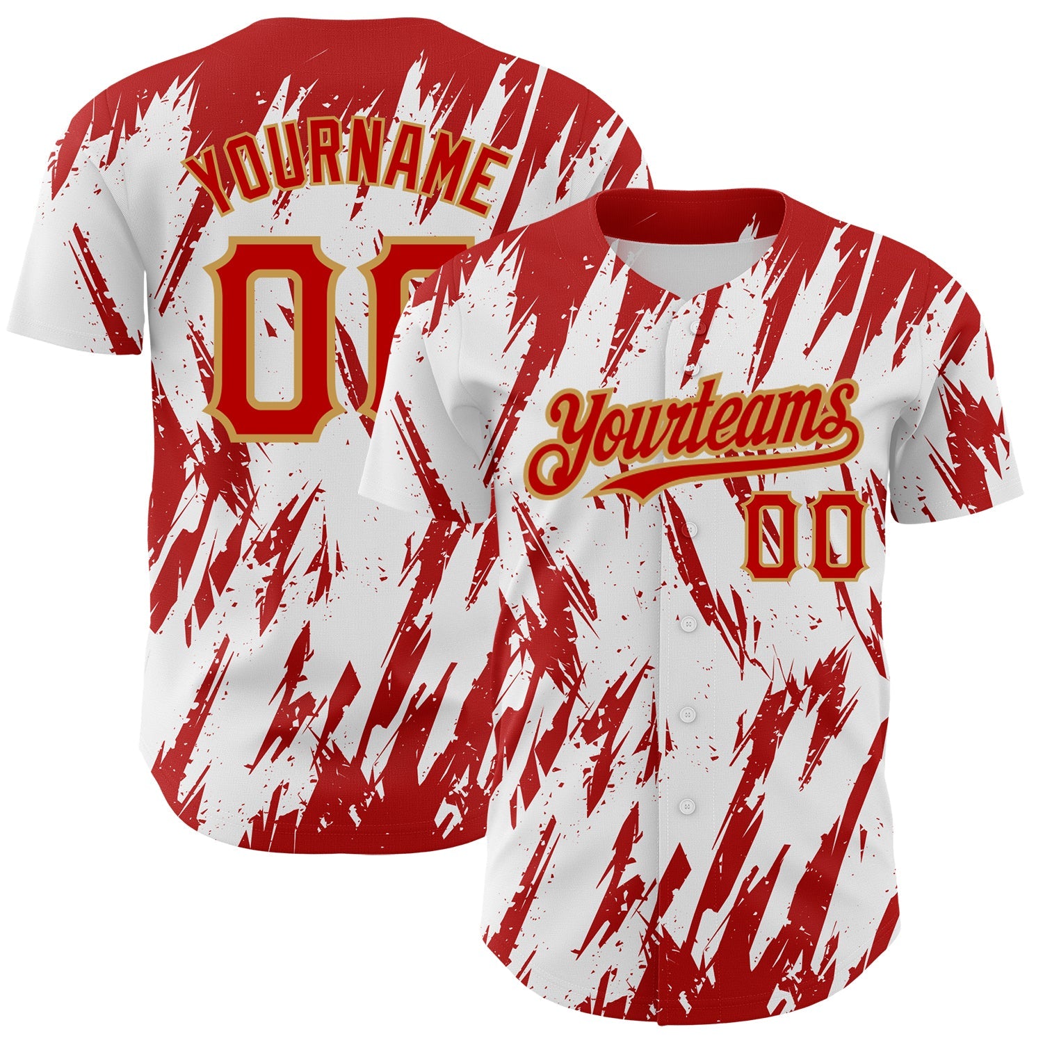 Custom White Red-Old Gold 3D Pattern Design Abstract Sharp Shape Authentic Baseball Jersey - Main View
