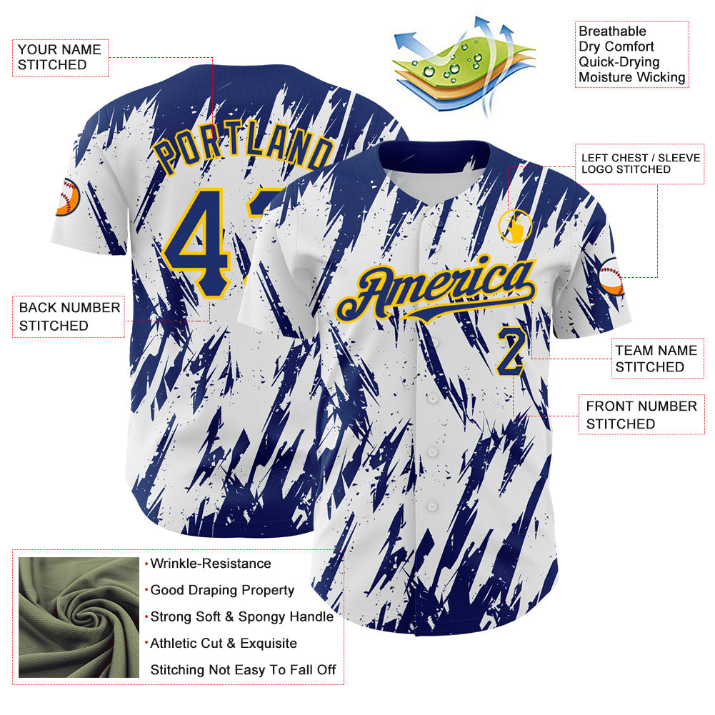 Custom White Royal-Yellow 3D Pattern Design Abstract Sharp Shape Authentic Baseball Jersey view 3