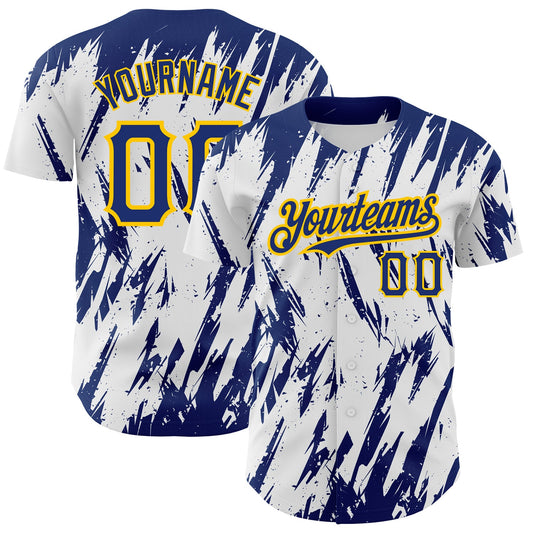 Custom White Royal-Yellow 3D Pattern Design Abstract Sharp Shape Authentic Baseball Jersey - Main View