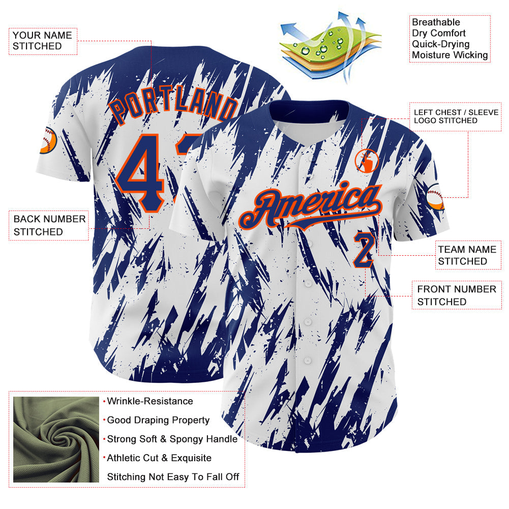 Custom White Royal-Orange 3D Pattern Design Abstract Sharp Shape Authentic Baseball Jersey view 3