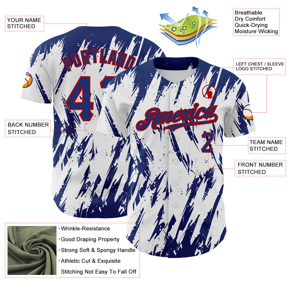 Custom White Royal-Red 3D Pattern Design Abstract Sharp Shape Authentic Baseball Jersey view 3