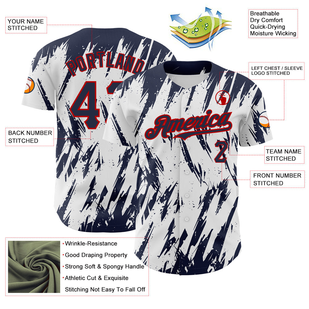 Custom White Navy-Red 3D Pattern Design Abstract Sharp Shape Authentic Baseball Jersey view 3