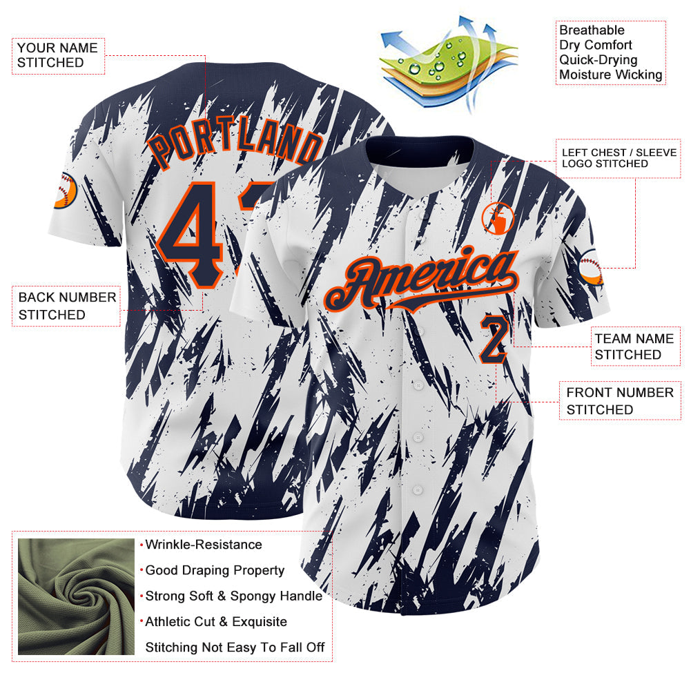 Custom White Navy-Orange 3D Pattern Design Abstract Sharp Shape Authentic Baseball Jersey view 3