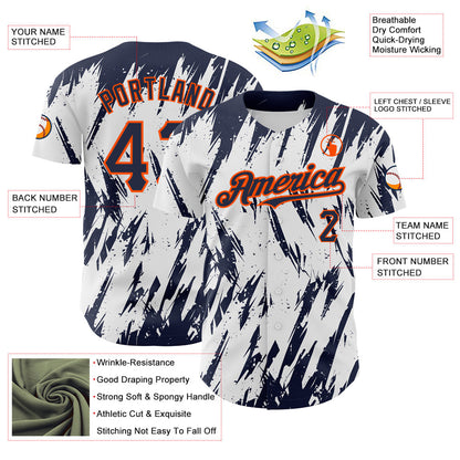 Custom White Navy-Orange 3D Pattern Design Abstract Sharp Shape Authentic Baseball Jersey view 3