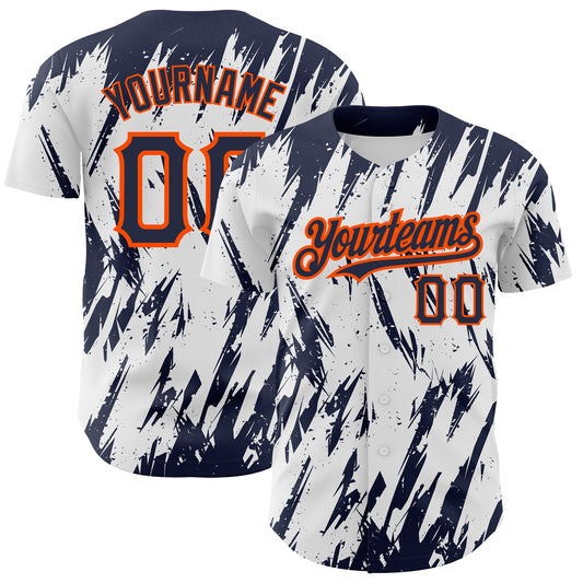 Custom White Navy-Orange 3D Pattern Design Abstract Sharp Shape Authentic Baseball Jersey - Main View