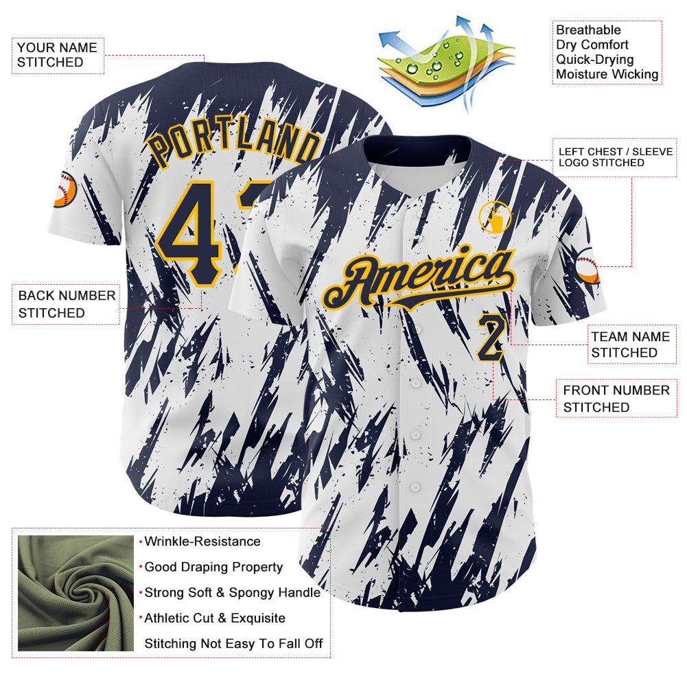 Custom White Navy-Gold 3D Pattern Design Abstract Sharp Shape Authentic Baseball Jersey view 3