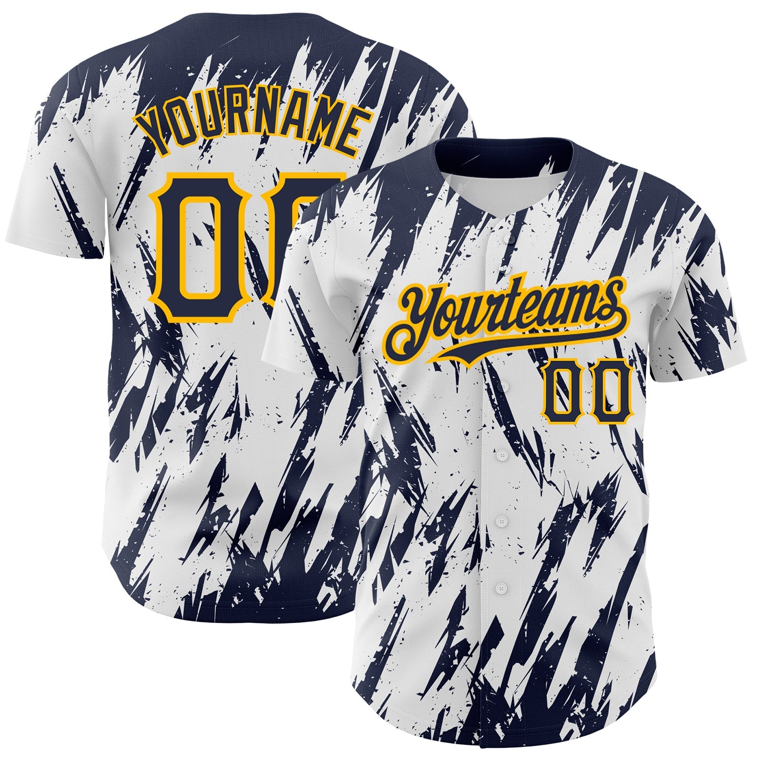 Custom White Navy-Gold 3D Pattern Design Abstract Sharp Shape Authentic Baseball Jersey - Main View