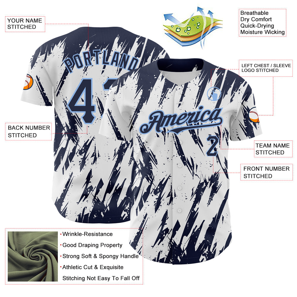 Custom White Navy-Light Blue 3D Pattern Design Abstract Sharp Shape Authentic Baseball Jersey view 3