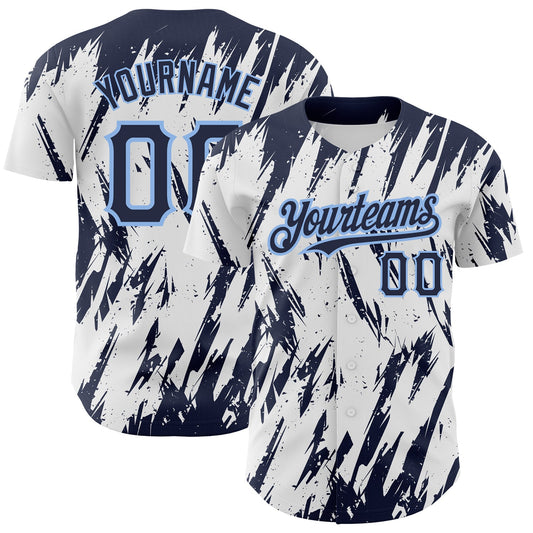 Custom White Navy-Light Blue 3D Pattern Design Abstract Sharp Shape Authentic Baseball Jersey - Main View