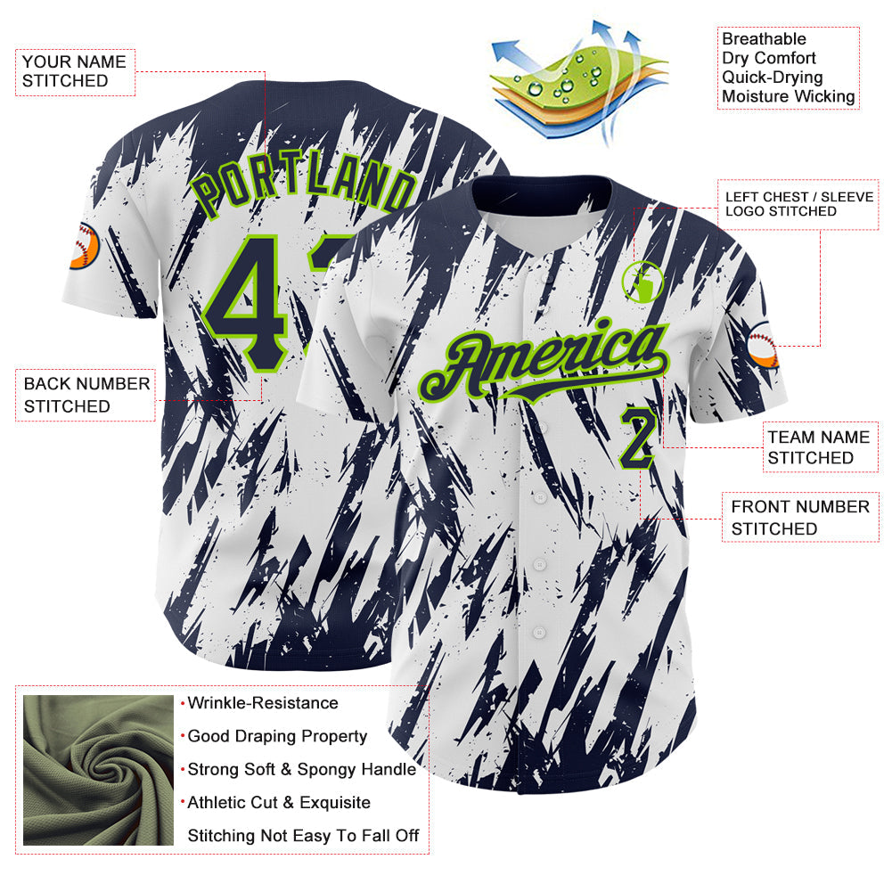 Custom White Navy-Neon Green 3D Pattern Design Abstract Sharp Shape Authentic Baseball Jersey view 3