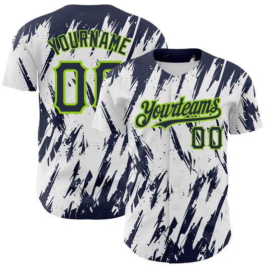 Custom White Navy-Neon Green 3D Pattern Design Abstract Sharp Shape Authentic Baseball Jersey - Main View