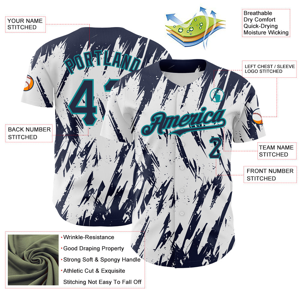 Custom White Navy-Teal 3D Pattern Design Abstract Sharp Shape Authentic Baseball Jersey view 3